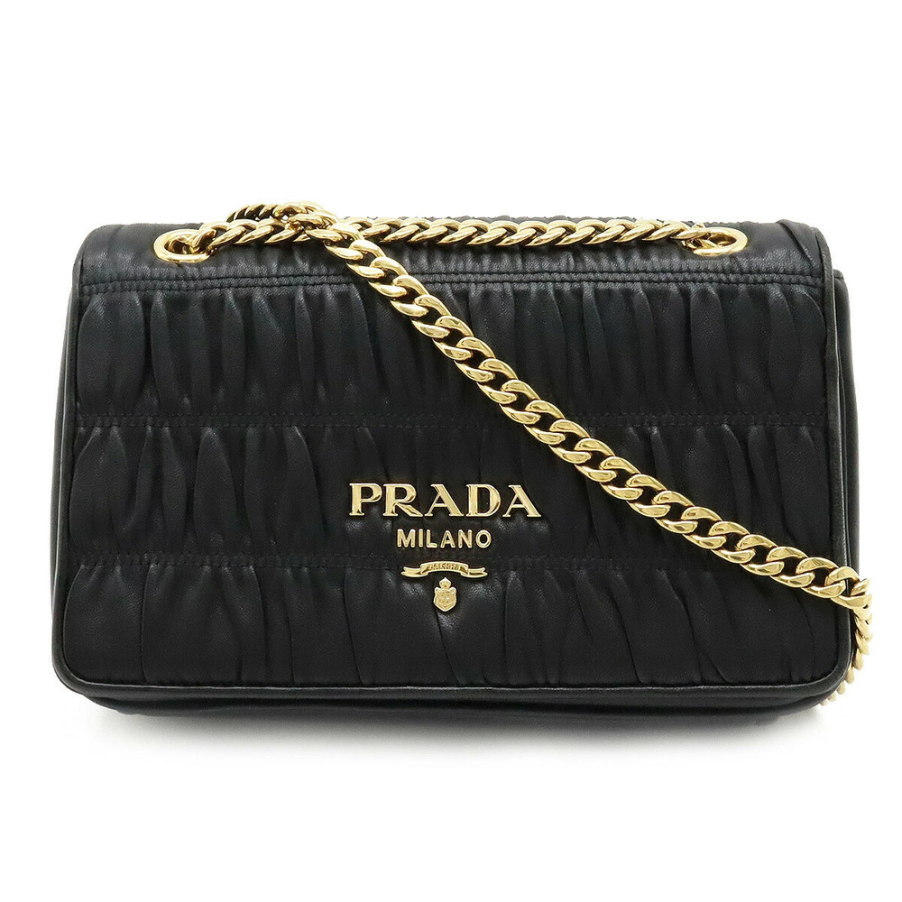 Prada NAPPA GAUFRE Gathered Chain Bag Crossbody Leather Black Nero Black